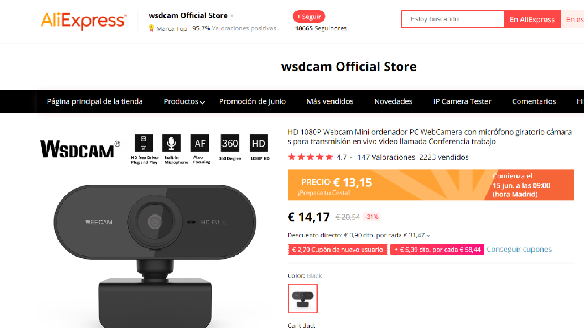 Webcam HD 1080P. Fuente: Página web AliExpress